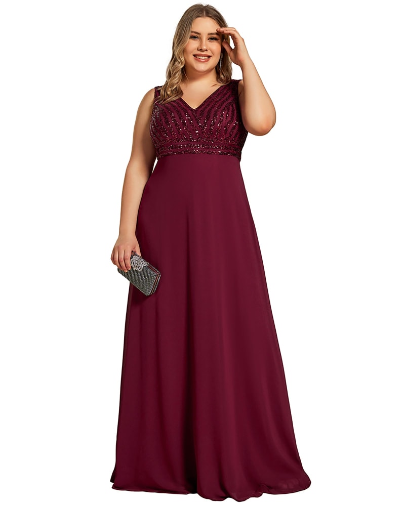 Front of a model wearing a size 24 Sequin Sleeveless Double V-Neck Formal Evening Dress in Burgundy by Ever-Pretty. | dia_product_style_image_id:296956
